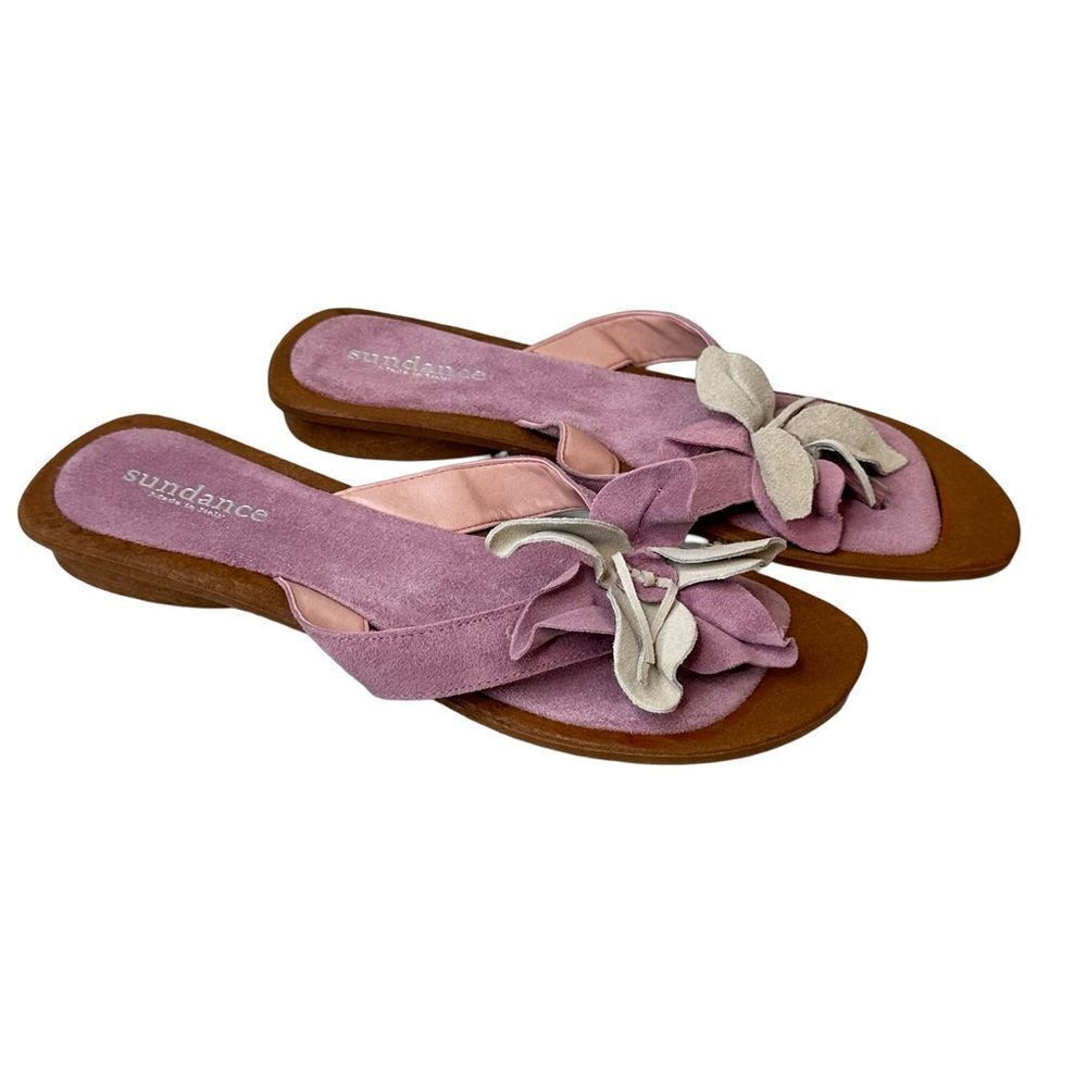Sundance Pink Floral Suede Slide Sandals with Cream Accents - Picture 6 of 14